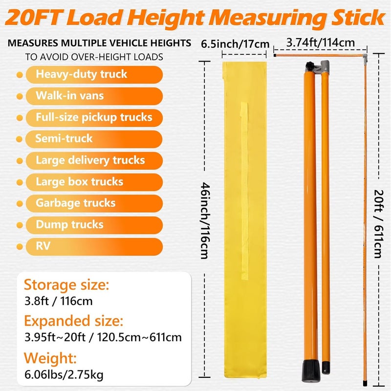 TGrasol 20FT Load Height Measuring Stick, Imperial & Metric Measurement Sticks for Trucks, Car Hauler, Trailer, RV, Retractable Truck Height Stick with Carrying Bag - Image 2